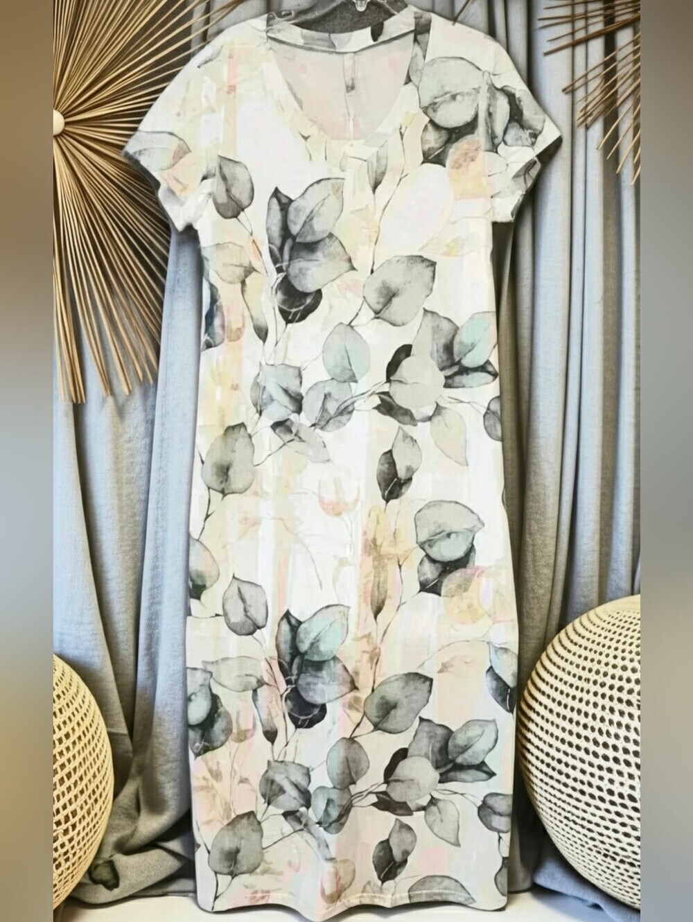 788. Noracora Botanical Eucalyptus Leaf Print Short Sleeve Midi Dress Cream